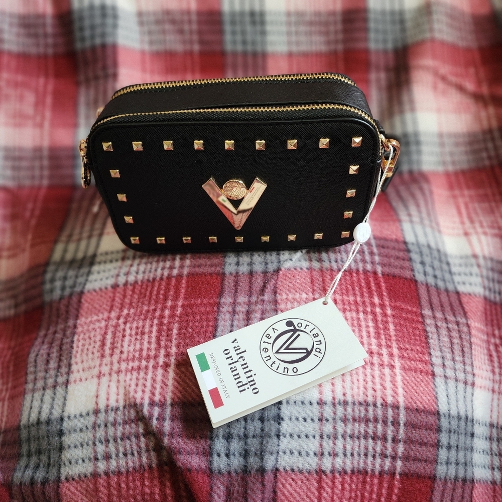 Valentino Black Camera Crossbody Bag with Gold Studs